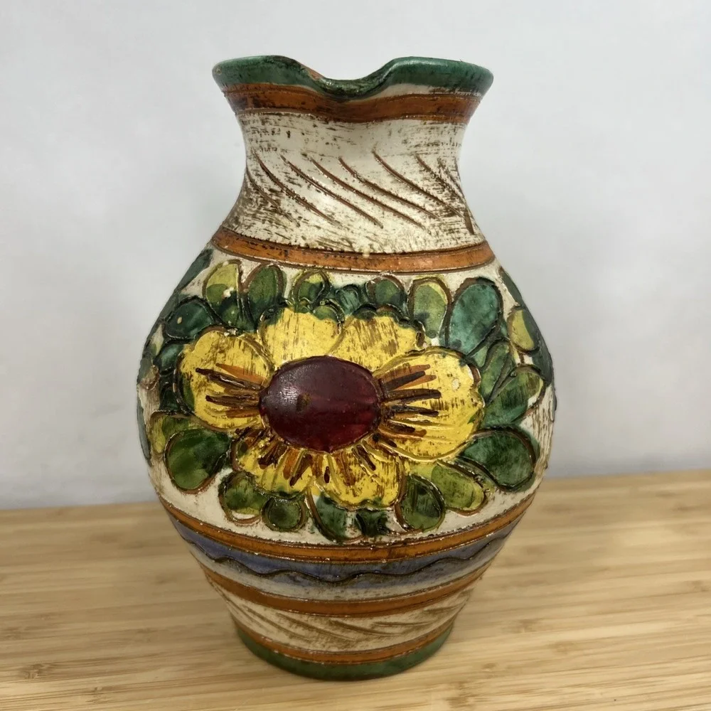 Vintage Italian Majolica Pottery Pitcher Floral Relief Vase Made In Italy VR/366
